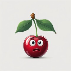 Cartoon style worried cherry. Red fruit has green leaves and stem. White background shows sad face. Digital image.
