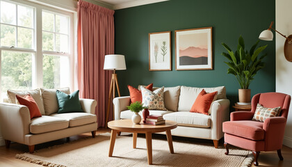 Cozy living space with modern vintage charm and deep green wall, home decor