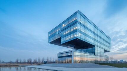 Obraz premium A sleek, modern office building stands majestically against the azure sky, its glass facade reflecting the vibrant cityscape and its concrete base anchoring it to the earth, a testament to human