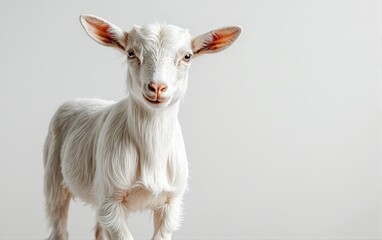 Obraz premium A cute white baby goat looking directly at the camera against a light grey background.