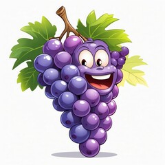 Cartoon style illustration of happy purple grape bunch with big smile and green leaves on bright background, concept food character