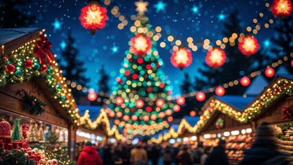 Fototapeta premium Festive evening at a lively holiday market with glowing decorations and a large Christmas tree