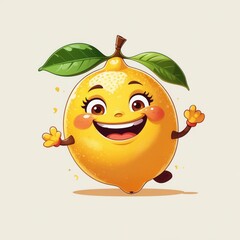 Cartoon Lemon Character: Happy yellow lemon with big smile, green leaves, and cute face. Digitally created, cartoon style.