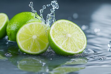 A few fresh lime slices fall into the water, with splashes of clear and crystalline liquid around them. The background is dark gray, with a cinematic feel and a sense of depth