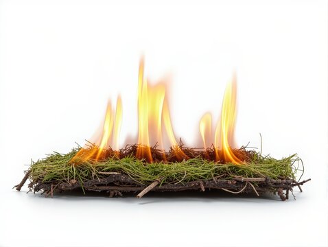 A close-up shot of a small patch of grass and twigs burning with bright orange and yellow flames against a white background.