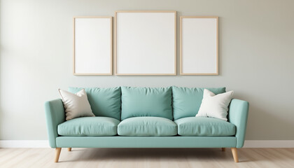 Cozy modern teal sofa in inviting room, home comfort
