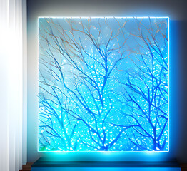 House interior in glowing blue style neon colors.bright lights picture and decorative tree.generative ai