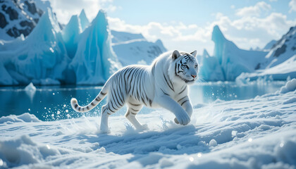 White Tiger Running Across Snowy Landscape with Glacial Backdrop