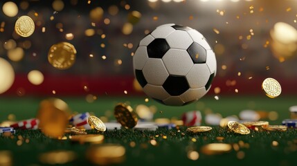 Naklejka premium Soccer Ball Surrounded by Flying Coins in Dynamic Sports Scene