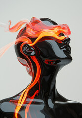 Fototapeta premium 3d render, glossy black female figure with red and orange flame-like aura flowing around her neck and head