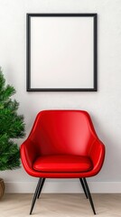 A bold red chair complemented by a lush green plant creating a striking visual contrast in a bright living space