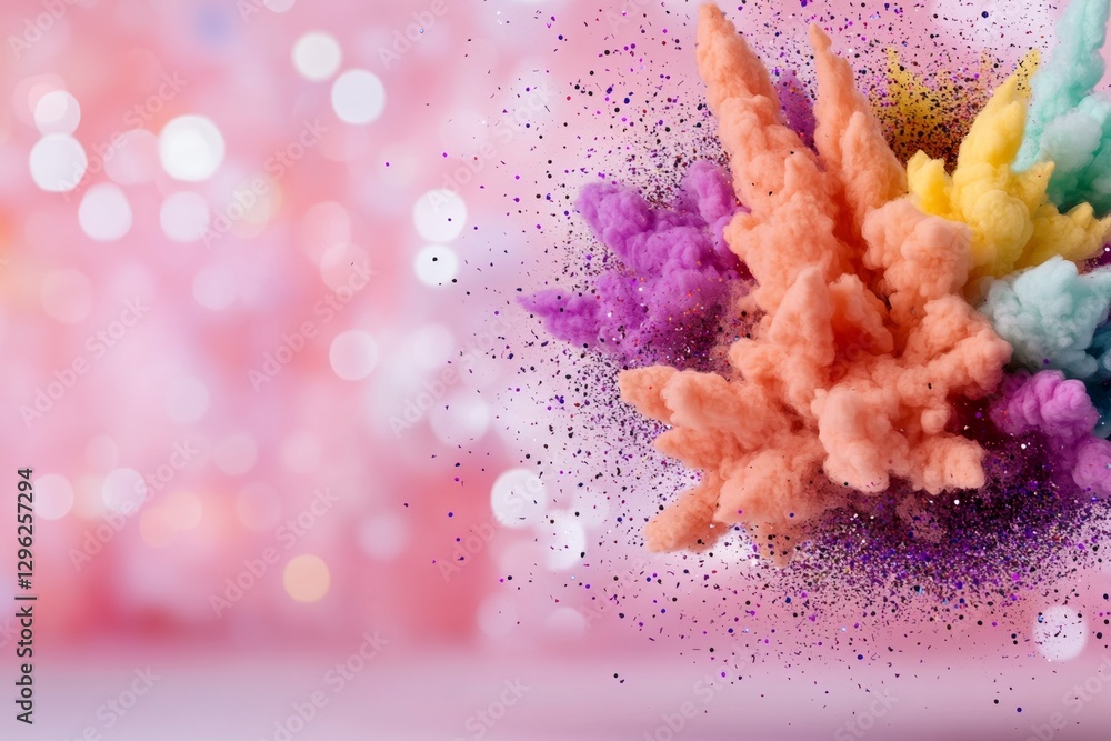Poster A large confetti explosion with thousands of colorful pieces, exploding in the air. The center is blurred and out of focus, showcasing vibrant colors and intricate details. In front, there's