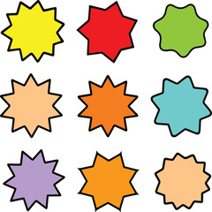 Badge star, sticker starburst shape, sale price tag, colorful sun, circle and oval label, round discount icon isolated on white background. Color vintage banner set. Vector illustration 