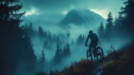 Mystical Mountain Biker Amidst Foggy Peaks and Forests