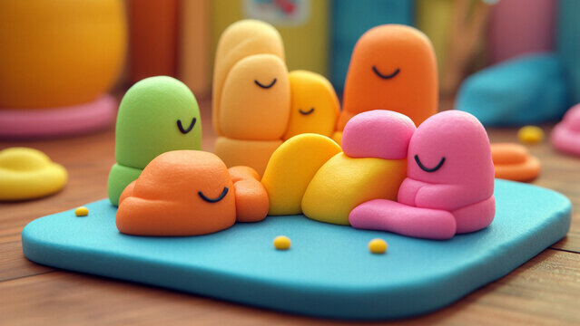 Colorful clay figures embracing in a playful gathering of joy