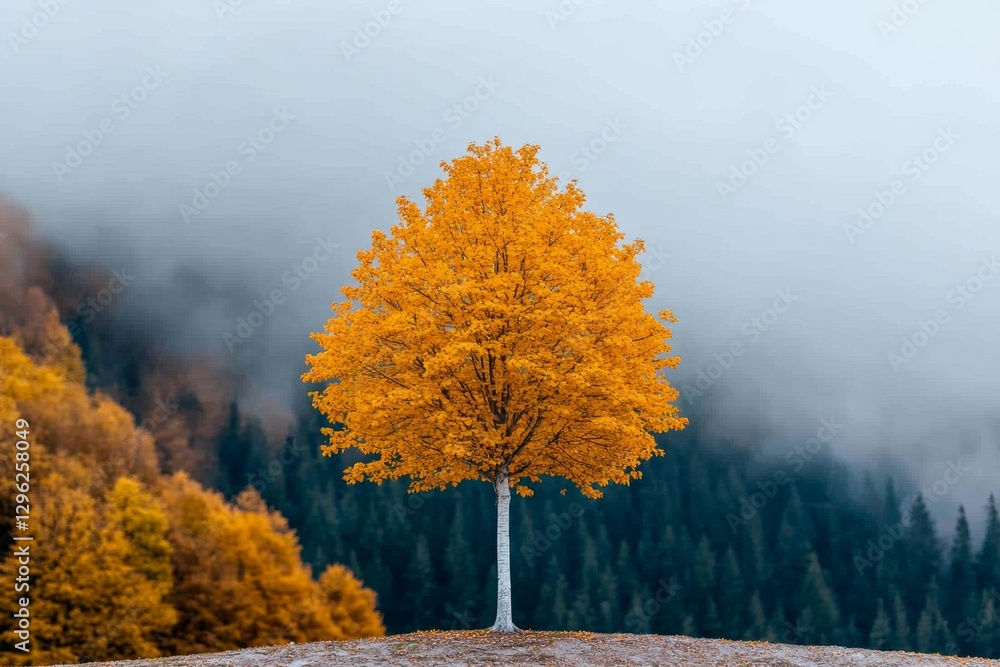 Aufkleber a large tree with yellow leaves stands in the center of an autumn forest, surrounded by other trees 