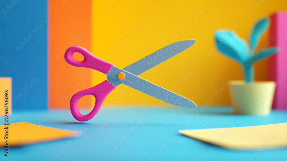 Poster fun scissors in a vibrant workspace filled with colors