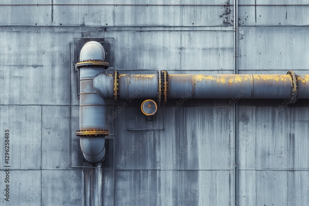 Poster a photo of a substantial pipe attached to the exterior of a building showcasing an industrial instal