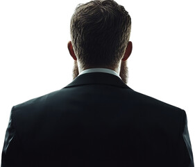 Back view of a man in a suit with a beard, symbolizing confidence and professionalism in a corporate setting