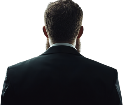 Back view of a man in a suit with a beard, symbolizing confidence and professionalism in a corporate setting