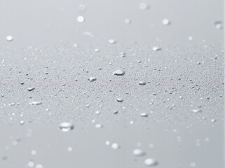 Water droplets on a light gray surface, showcasing texture and light reflection in a simple composition.