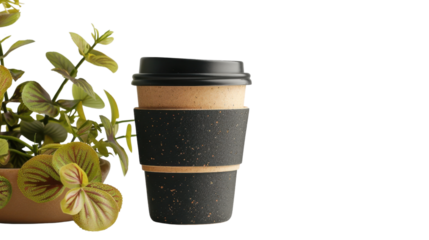 Disposable coffee cup near potted plant on transparent background
