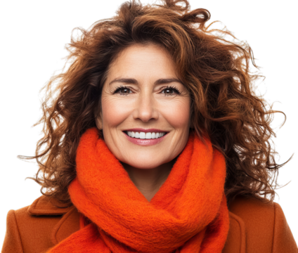 Joyful woman with curly hair wearing bright orange scarf and coat, smiling warmly against neutral background - Powered by Adobe