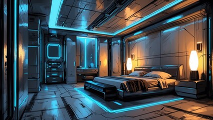 Fototapeta premium Modern bedroom interior with sci fi blue neon lights. Room has bed, lamps, furniture. Digital art style.
