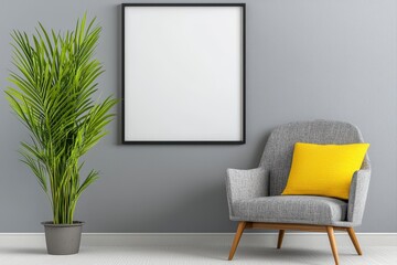 Gray chair with a bright yellow pillow and a lush plant creating a stylish and inviting corner in the living room