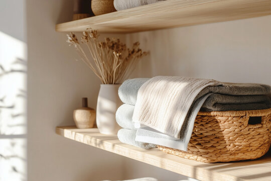 Organized towels on a shelf in a serene setting.