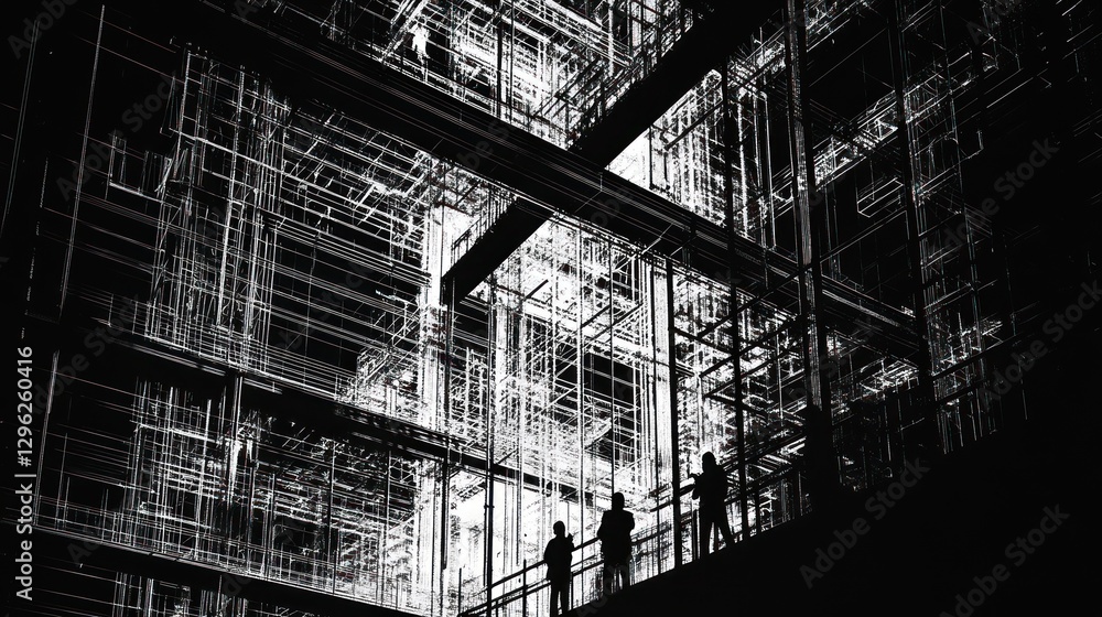 Poster silhouetted figures on platform amidst complex network structure; futuristic cityscape background; a