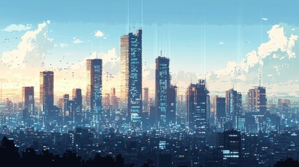 A panoramic city backdrop, where towering buildings with pixelated windows stood like sentinels against the azure sky, their facades a testament to modern architecture.