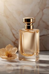 bottle of perfume, marble background, flower as decoraiton