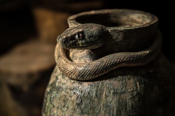 Obraz premium A photo of a vase with a snake resting on the top showcasing the intriguing combination of artistic pottery and a slithering reptile Detailed medieval portrayal of a leech jar.