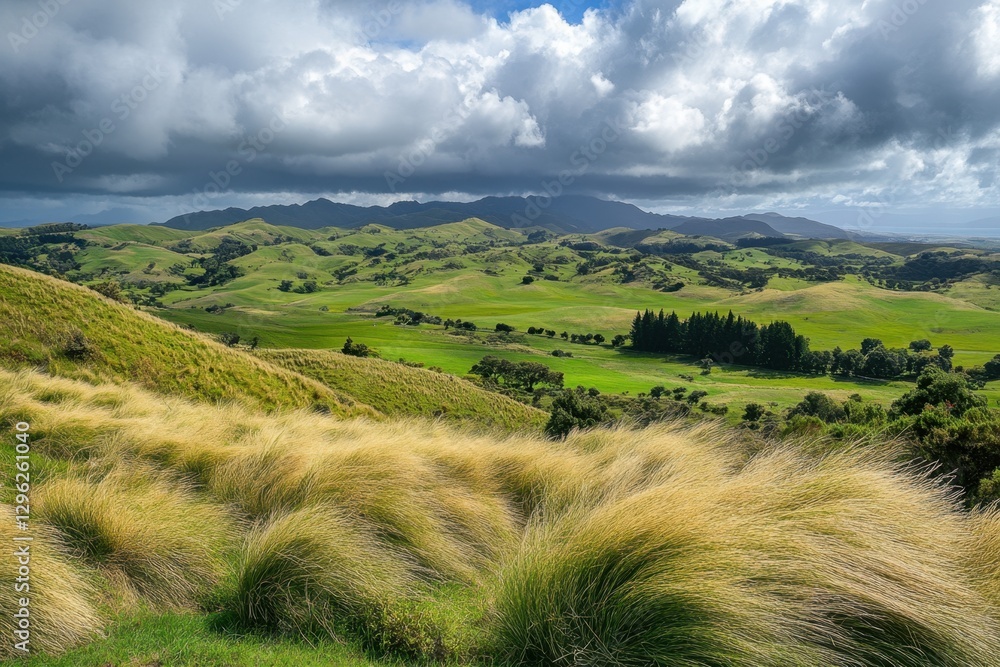 Poster a photo of a vibrant verdant field with grass swaying in the wind set against a backdrop of clouds p
