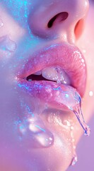 Close-Up of Glossy Lips with Water Droplets and Colorful Lighting