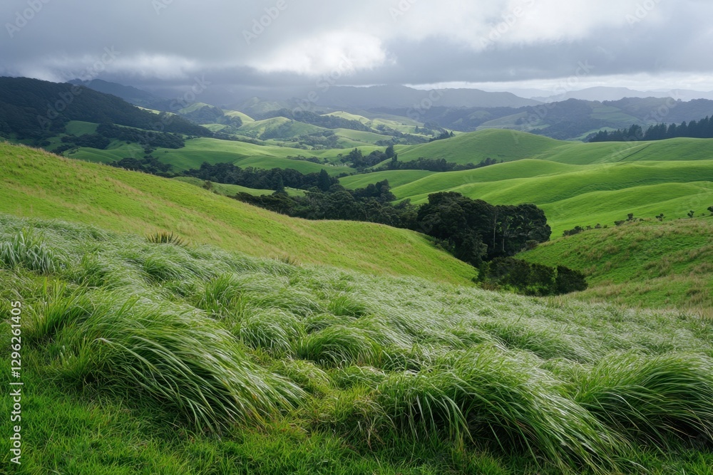 Poster a photo of a vibrant verdant field with grass swaying in the wind set against a backdrop of clouds p