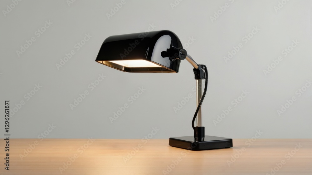 Poster black desk lamp with square head isolated on table casting warm light in a studio setting