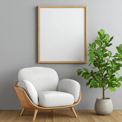 Minimalist design featuring a lush green plant in a white chair set against a blank poster wall for a modern look