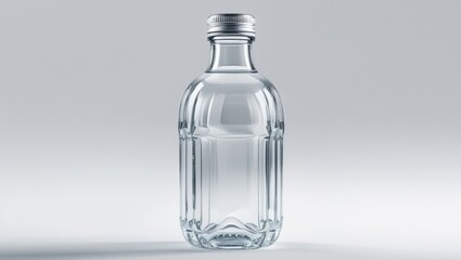Clear Glass Tonic Bottle with Geometric Design on White Table in Studio