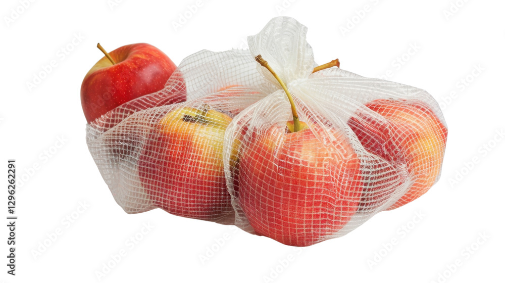 Poster fresh red apples packed in reusable mesh bag on transparent background