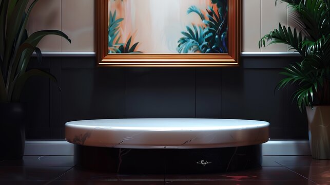 Luxury-inspired 3d summer podium setup featuring a clean pedestal soft golden glow and delicate tropical foliage shadows for an upscale product branding look