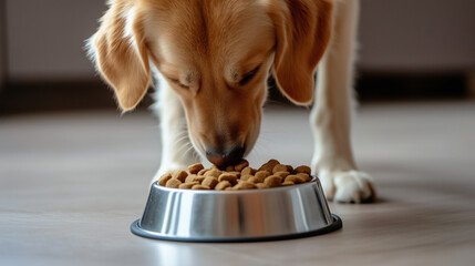 Dog eating dog food from stainless steel bowl on the floor, close up view. Pet and animal concept 