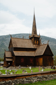 Historic wooden Lom Stave Church exterior in Jotunheimen, Norway