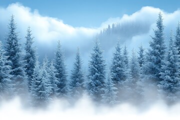 Fototapeta premium Serene winter landscape featuring snow-covered trees under a clear blue sky with distant mountains