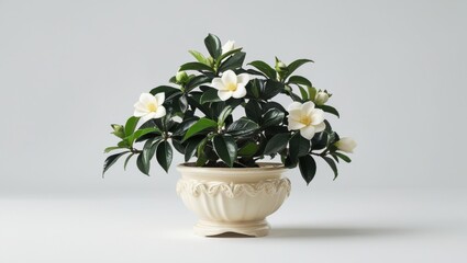 Obraz premium Delicate Compact Gardenia Shrub with Dark Green Leaves and White Blossoms in a Cream Colored Ornate Pot on a White Background