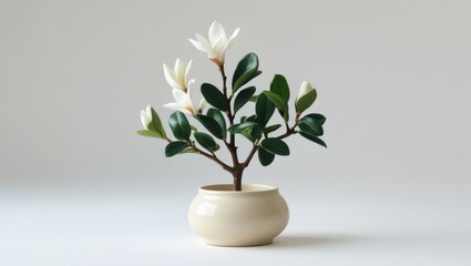 Delicate Compact Magnolia Shrub with Lustrous Green Leaves in Cream Ceramic Pot on White Background