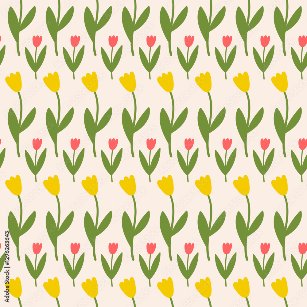 Poster seamless pattern with vertical tulip flowers on a beige background. cute floral minimal print. vecto
