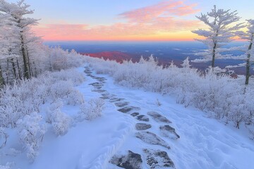 Serene winter landscape with a snow-covered path leading through frosted trees at sunset