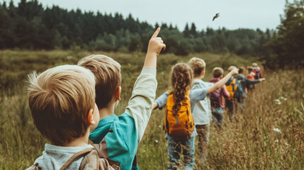 A group of children with backpacks hikes through a lush meadow, pointing at a bird in the sky, embracing outdoor adventure and exploration.